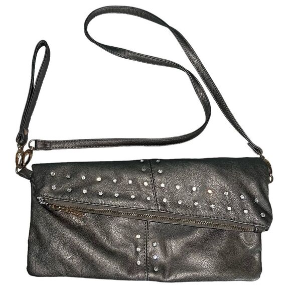 Imoshion Gunmetal Pewter Gray Fold-over Shoulder Bag or Clutch Rhinestones - Picture 1 of 12